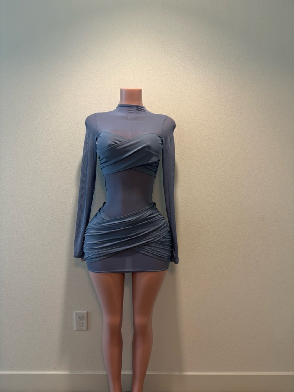 Fashion Nova Slate Blue Sheer Ruched Long-Sleeve Mini Dress